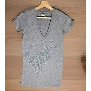 Victoria’s Secret PINK Y2K Sequin Bling Deep V-Neck Tee Gray XS